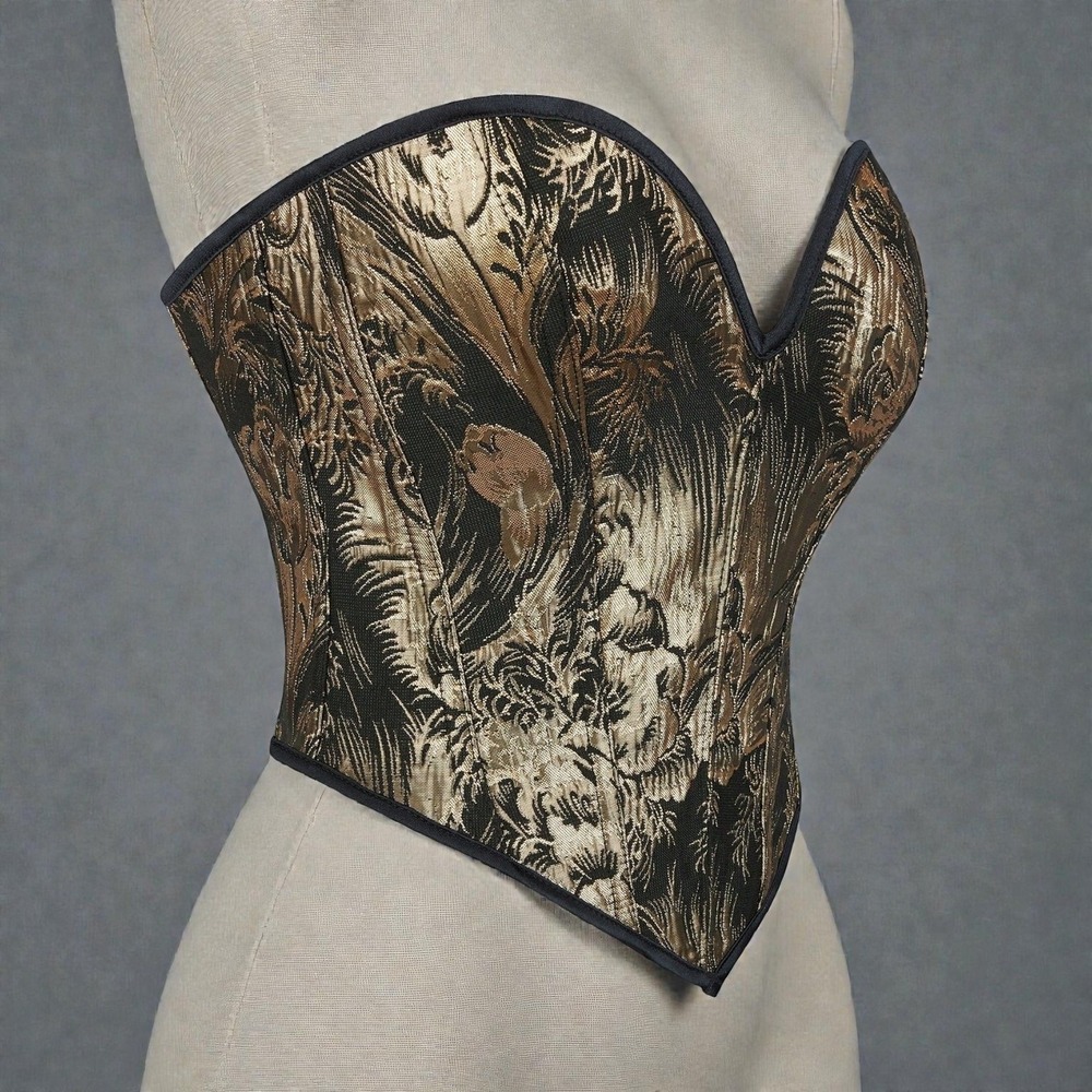 New Small Black Gold Metallic Jacquard Lace Up Sweetheart Corset Bustier Regency - Picture 4 of 4